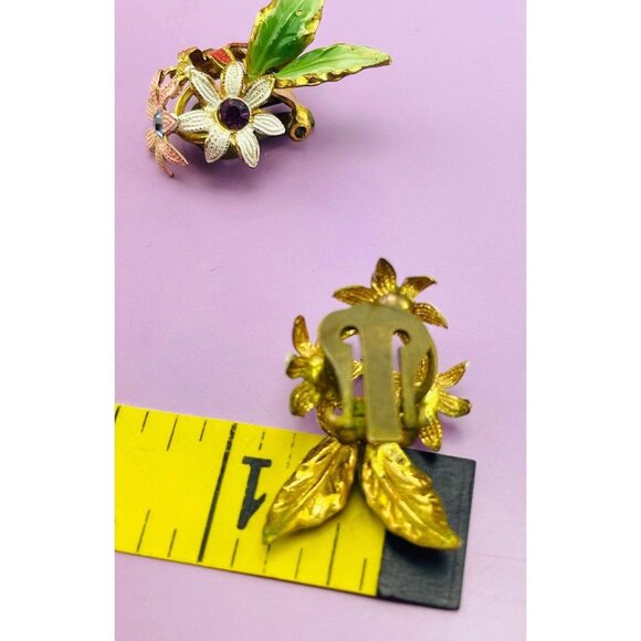 Vintage 60s Flower earrings, Austria painted enamel gold tone, clip on - Picture 10 of 10
